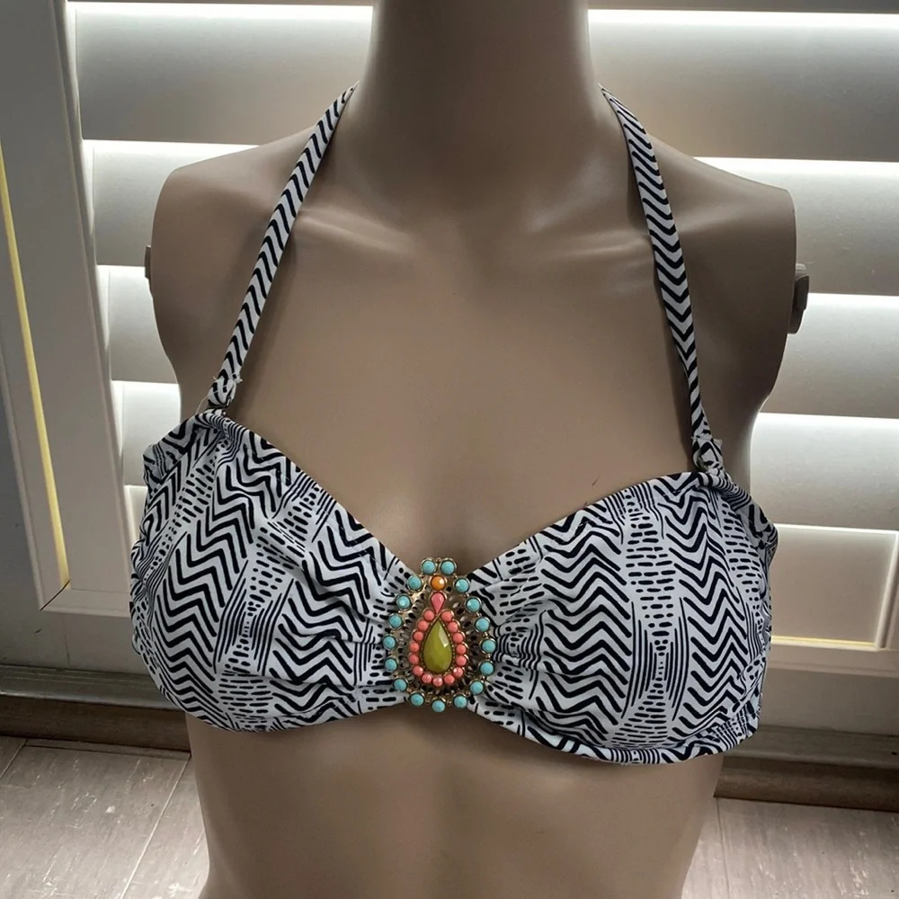 Xhilaration Women’s Black White Stripe Teal Swim Bikini Top M - Picture 1 of 5